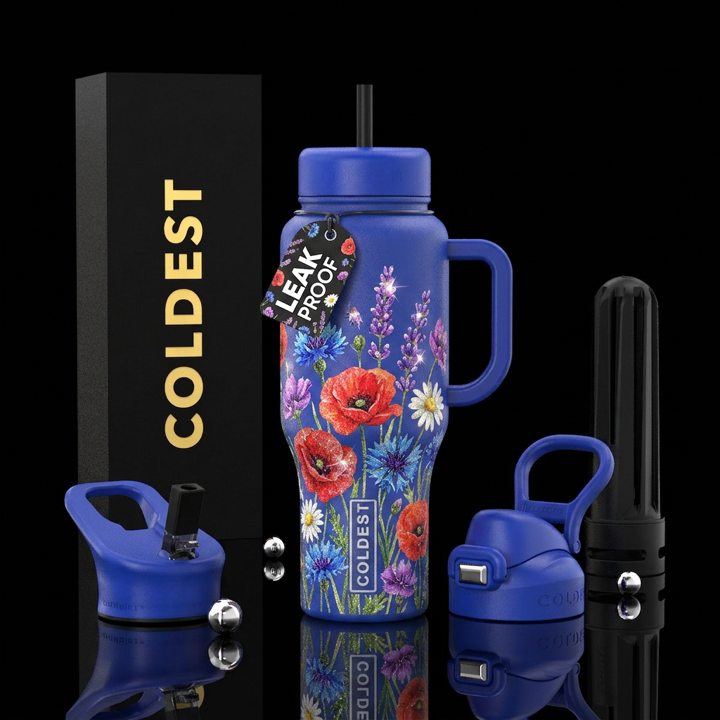 Textured sparkly wildflowers water bottle design