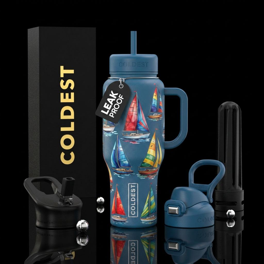 Colorful sailboats water bottle design