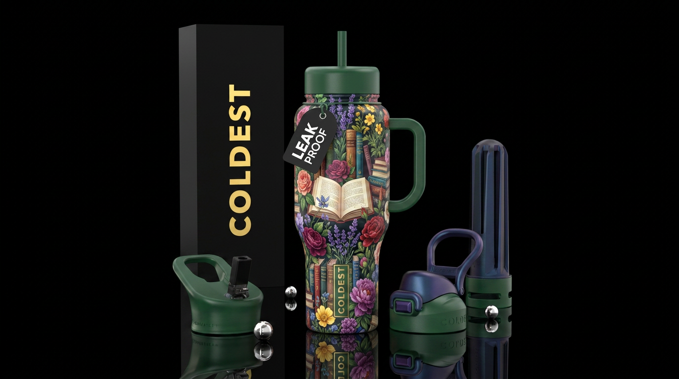 Books and flowers water bottle design
