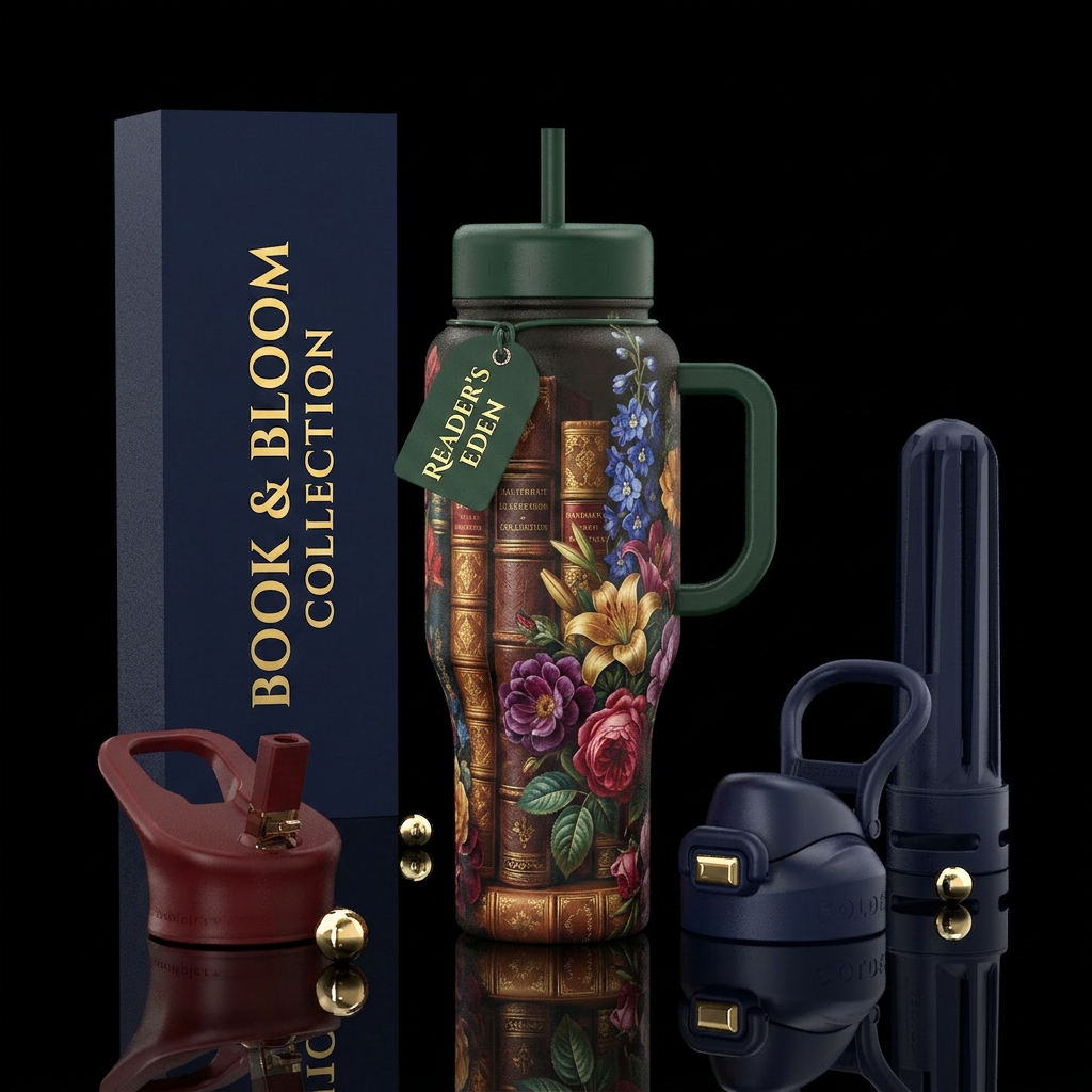 Books and flowers water bottle design