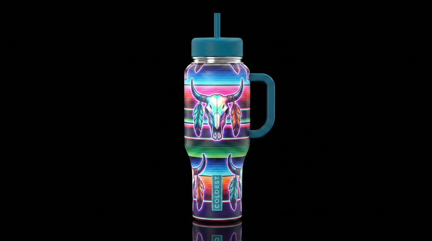 glowie serape with cow skulls and feathers water bottle design