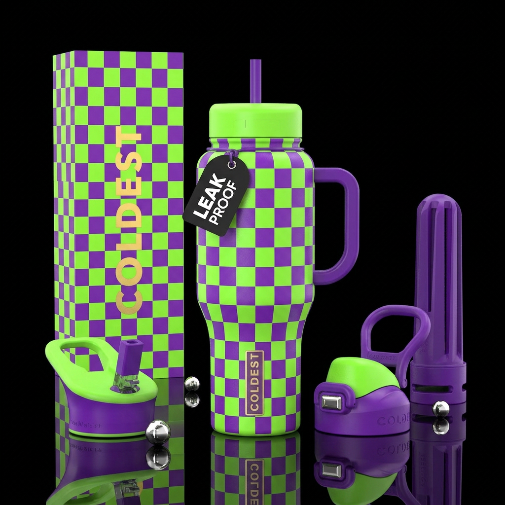 Neon green and purple checkered water bottle design