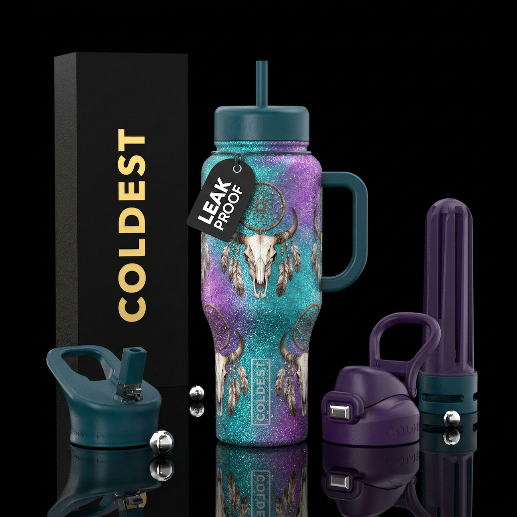 Glitter teal and purple with cow skulls with dream... water bottle design