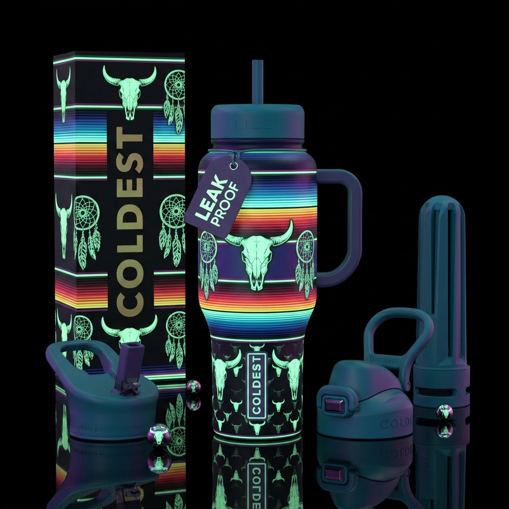 Glow in the dark Serape with cow skulls and dream ... water bottle design