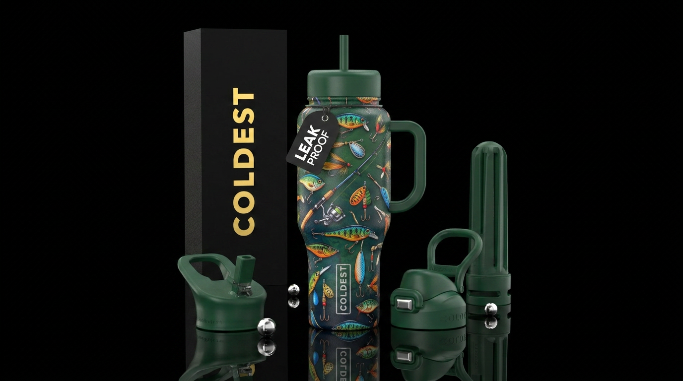 Fishing lures and hooks and rods water bottle design