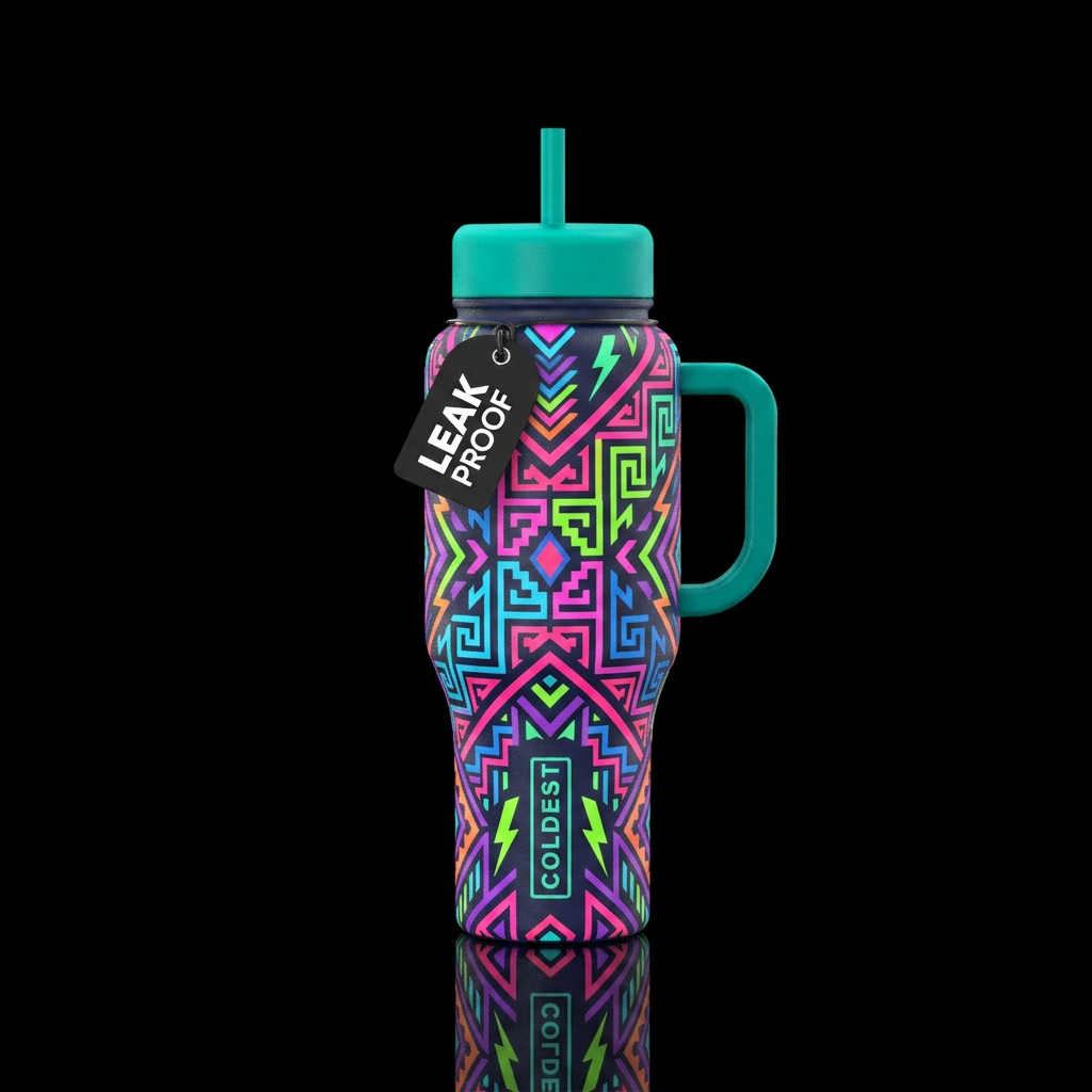 Neon aztec water bottle design