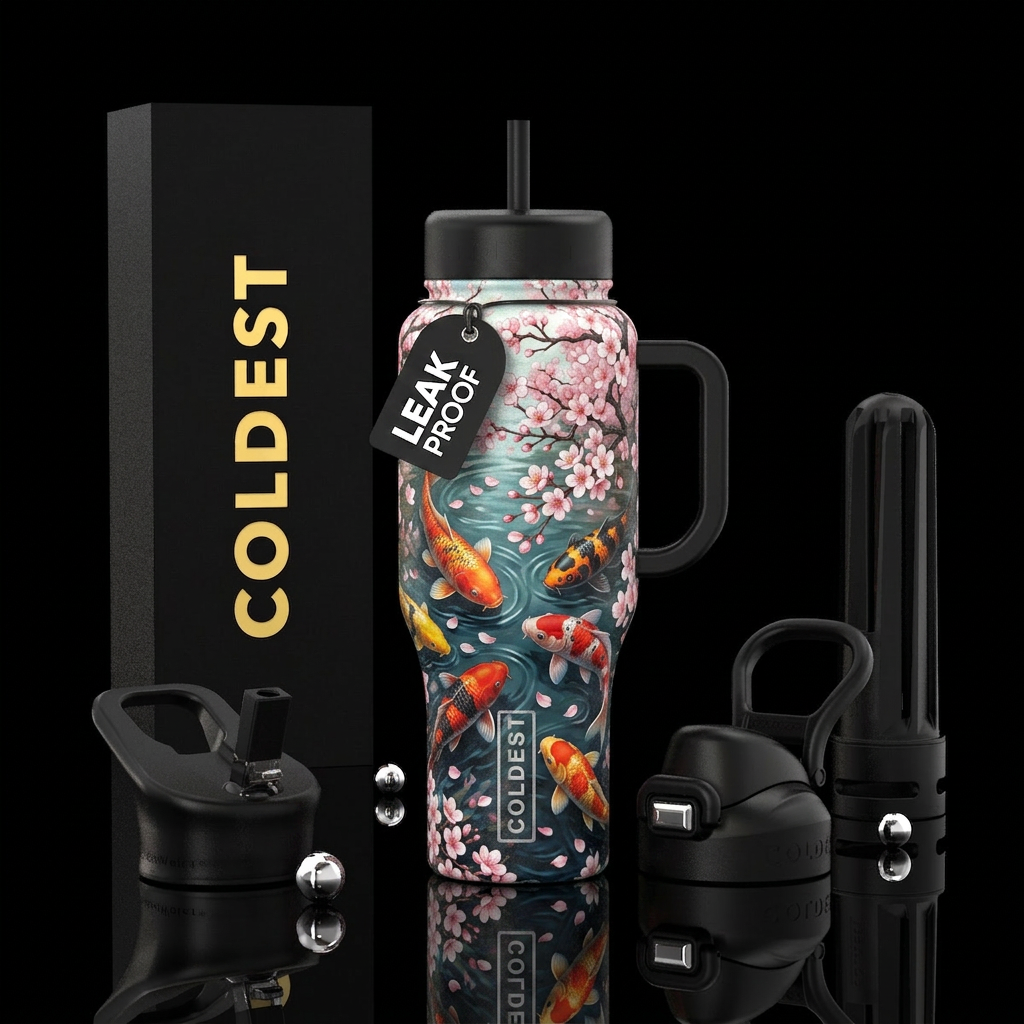 koi fish in a pond with cherry blossoms trees water bottle design
