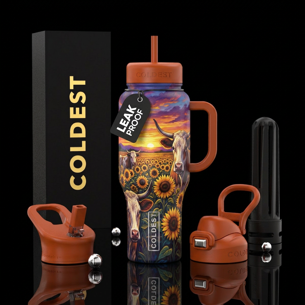 Cow skulls with sunflowers in a field with a sunse... water bottle design