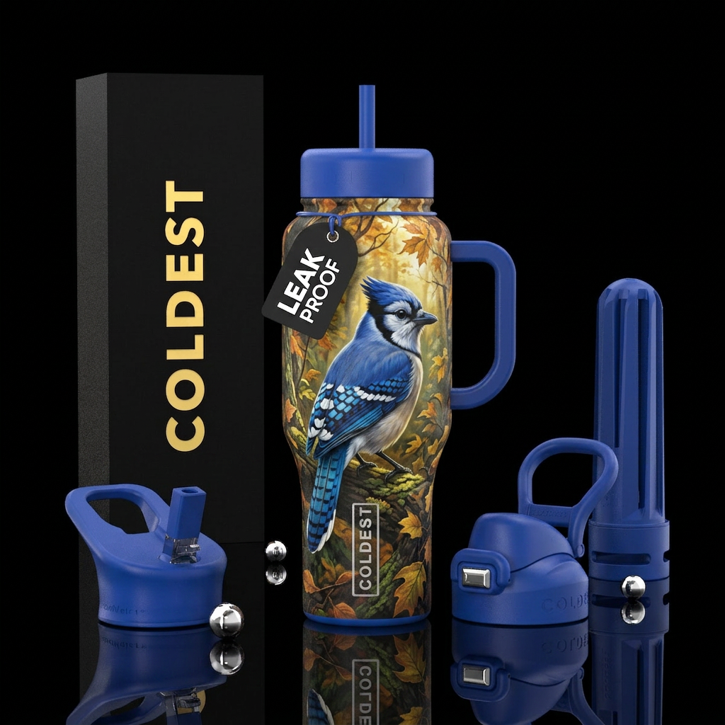 Blue jay in the woods water bottle design