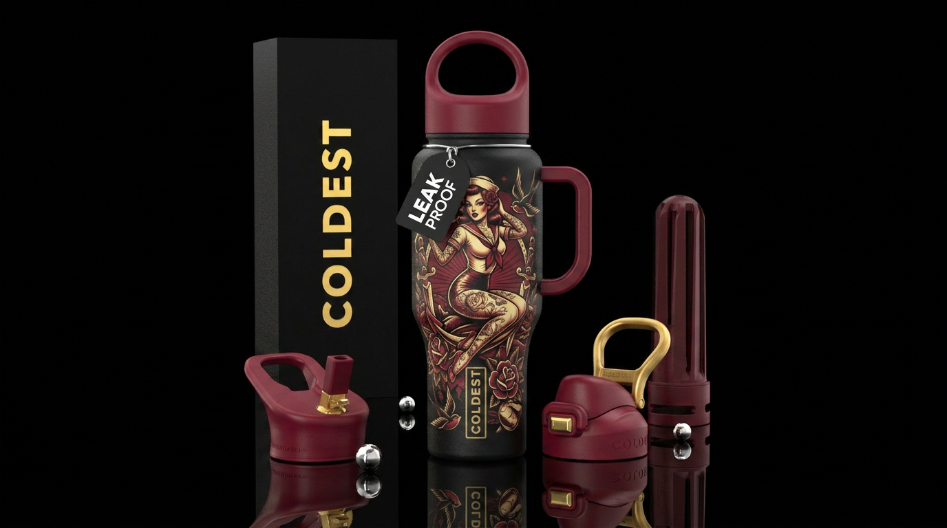 Pin up girl with tattoos water bottle design