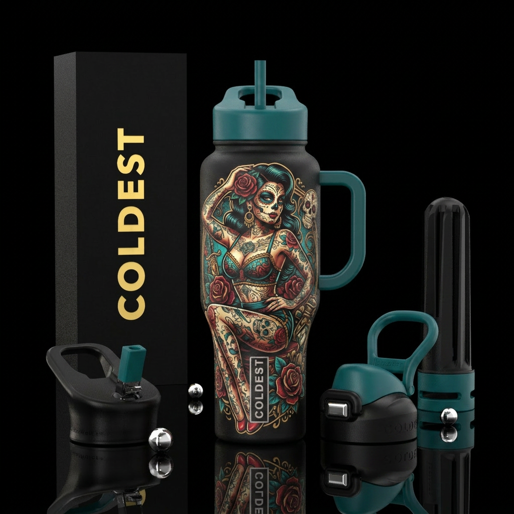 Mexican style pin up girl with tattoos water bottle design