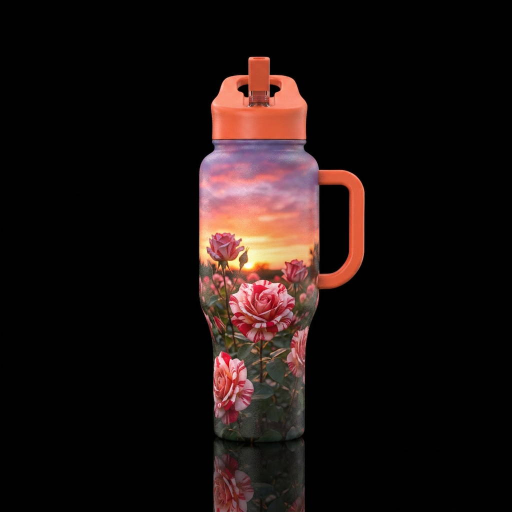 A garden with candy cane roses with a pretty sunse... water bottle design