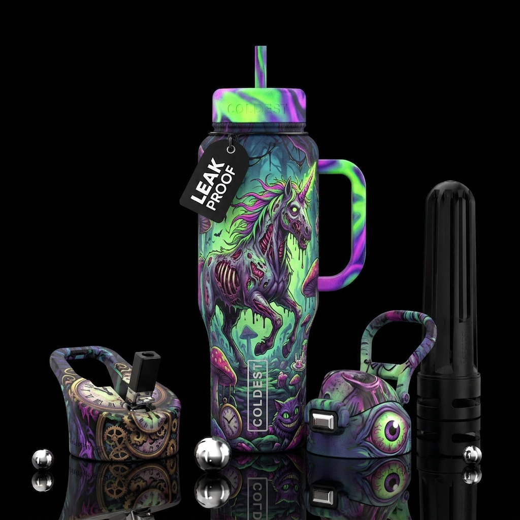 Zombie unicorn in wonderland water bottle design