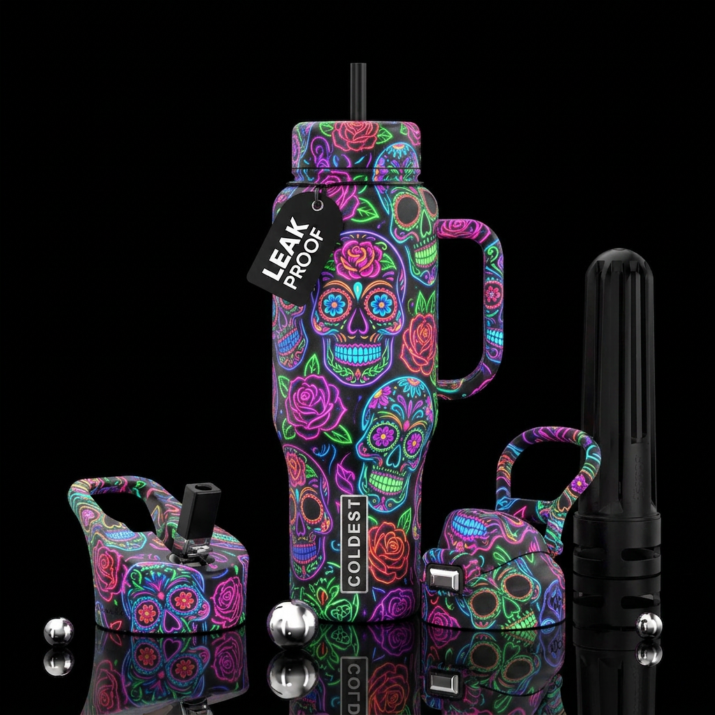 Neon sugar skulls with roses water bottle design