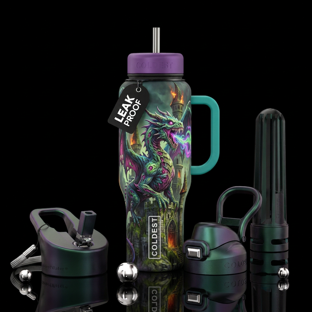 Zombie dragon with a castle water bottle design