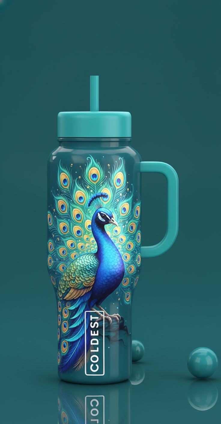 Glowing peacock on teal background water bottle design