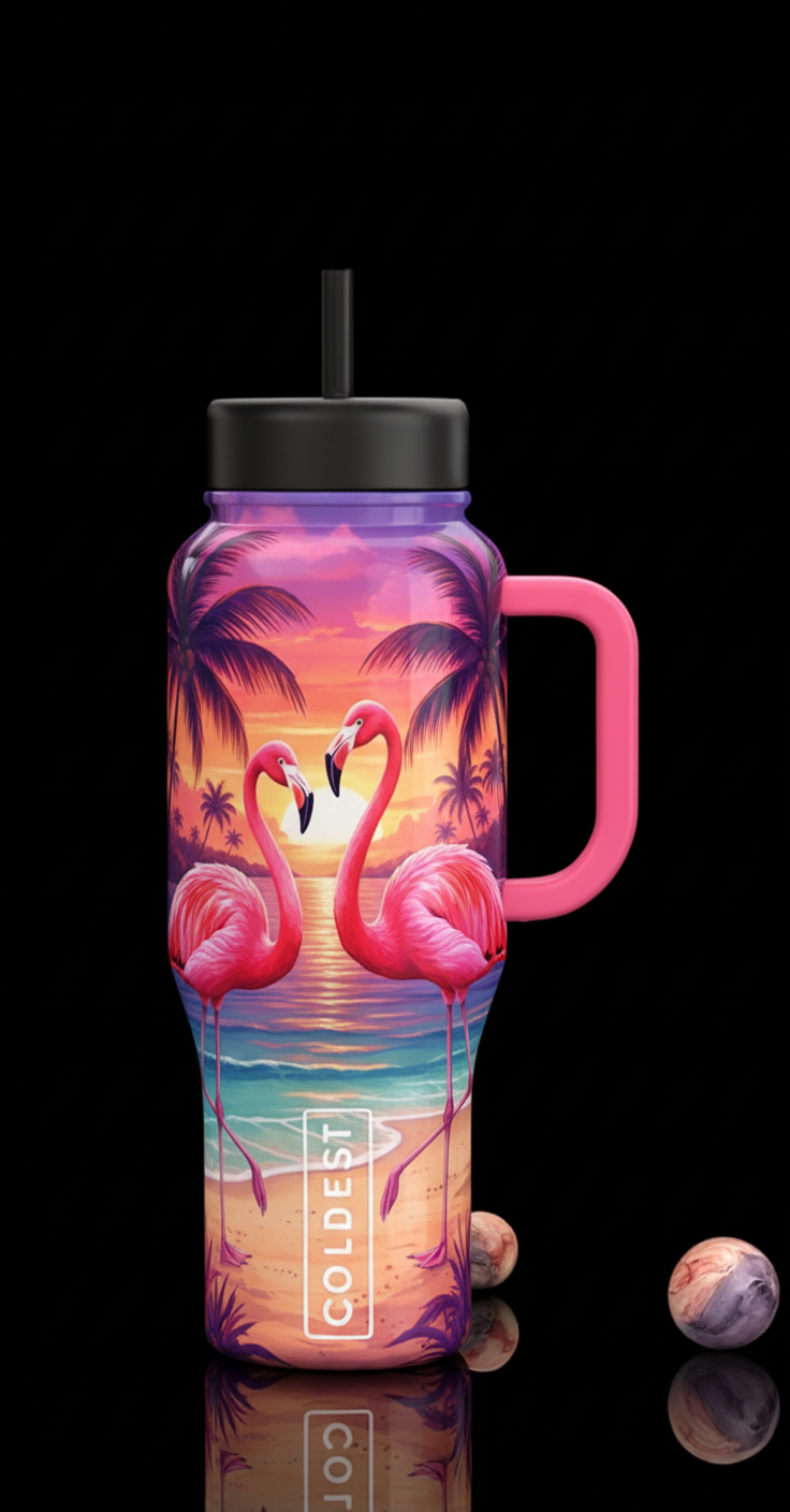Pink flamingos on beach water bottle design