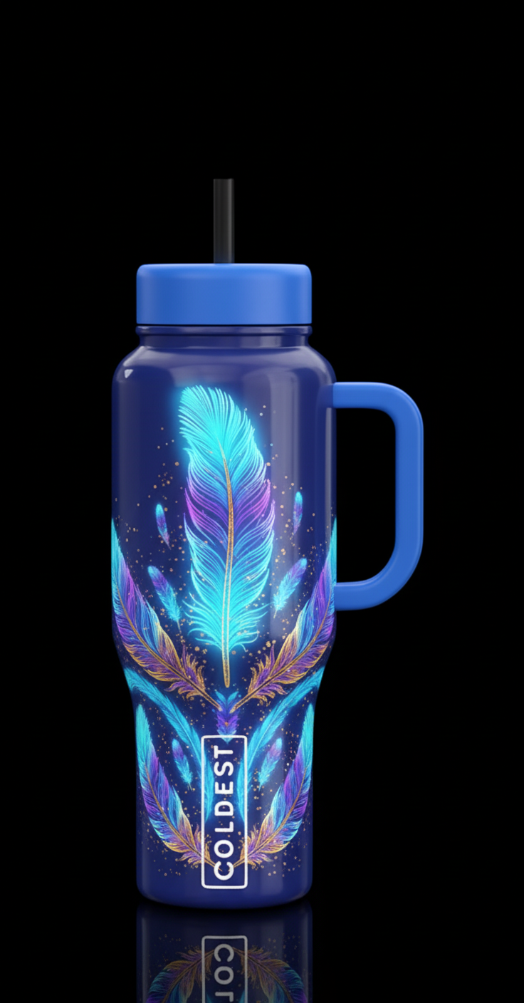 Glowing Indian feathers  blue bottle blue handle water bottle design