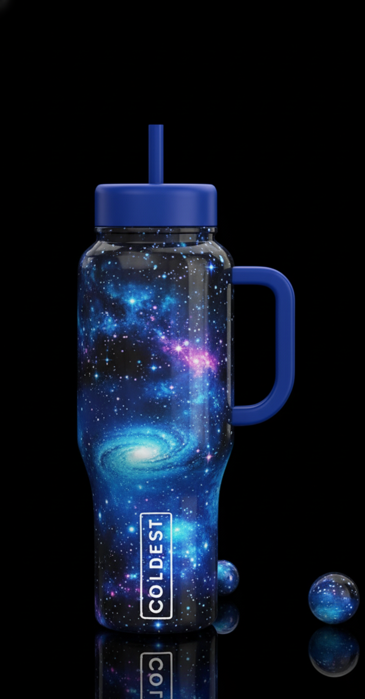 Space  galaxy with glowing stars blue bottle water bottle design