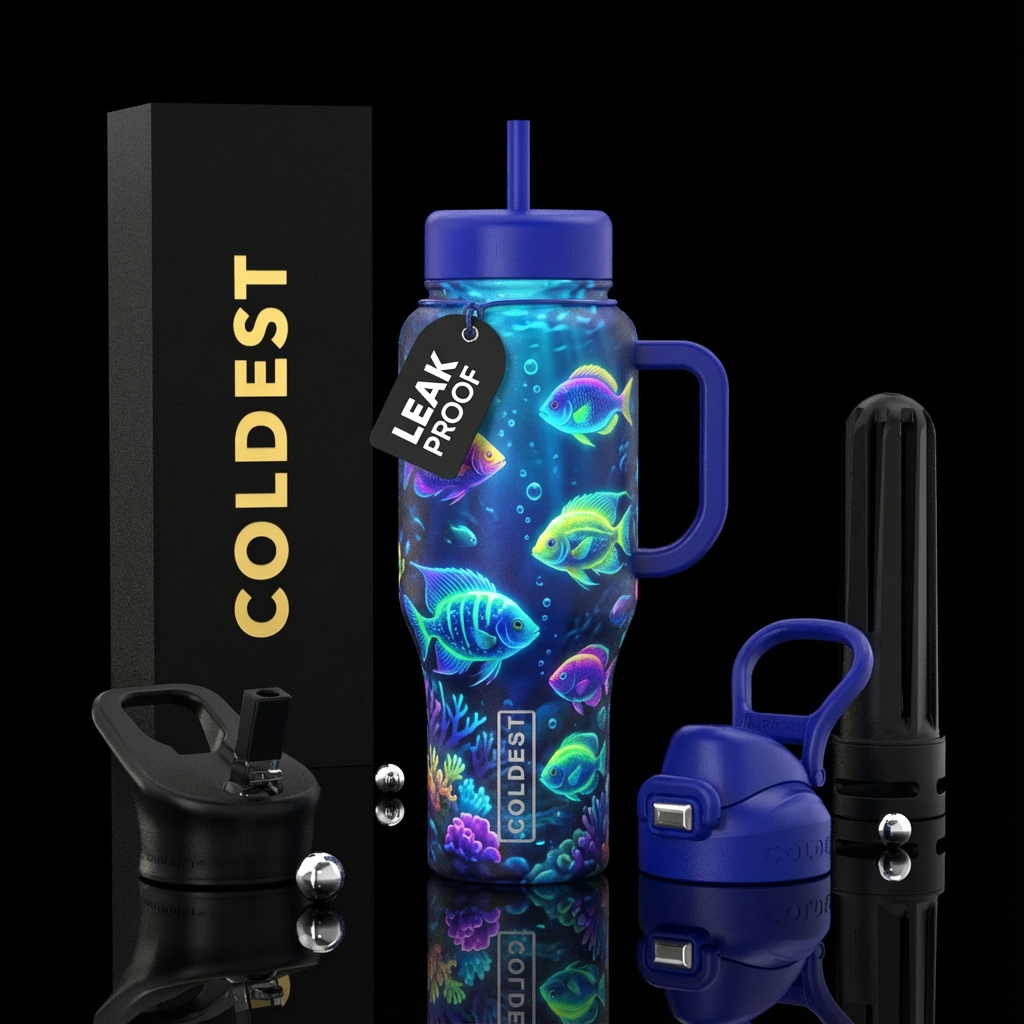Aquarium with glowing fish, blue handle and lid water bottle design