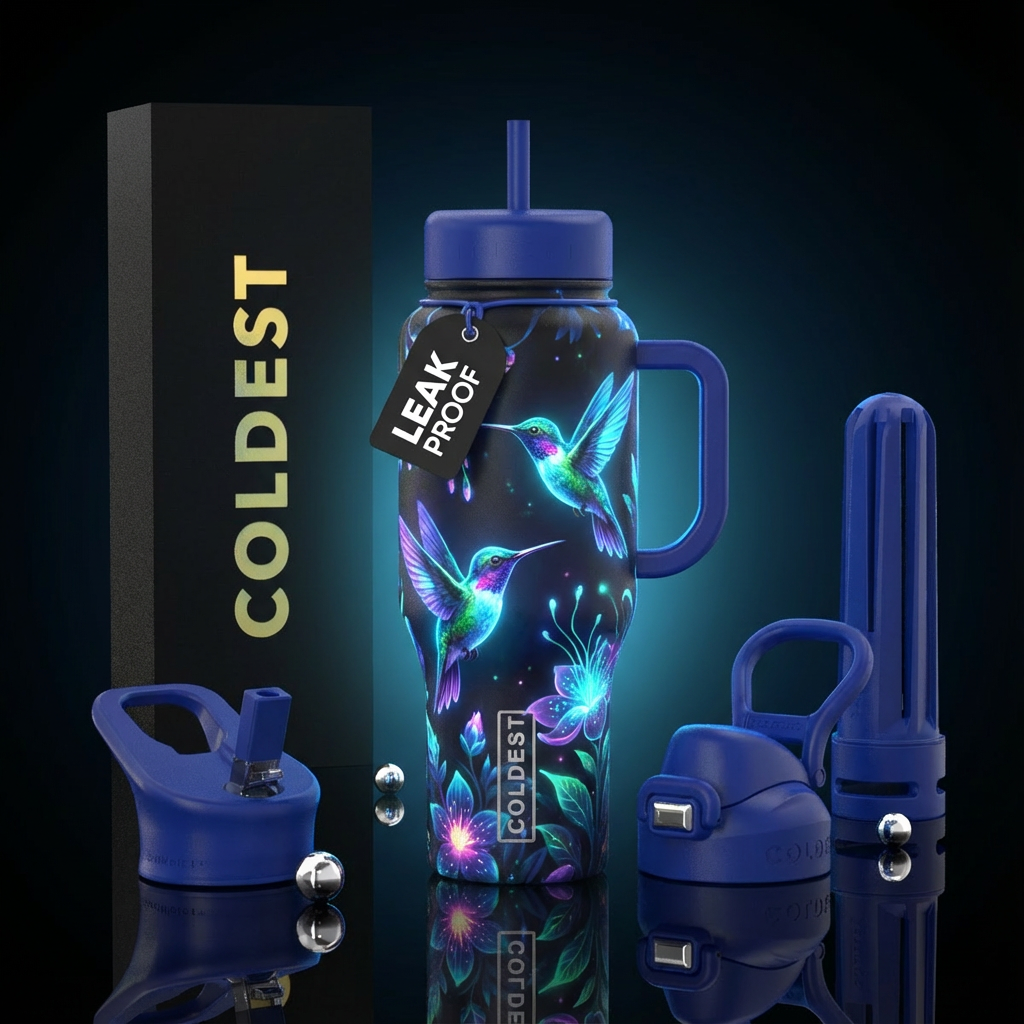 Glowing hummingbirds water bottle design