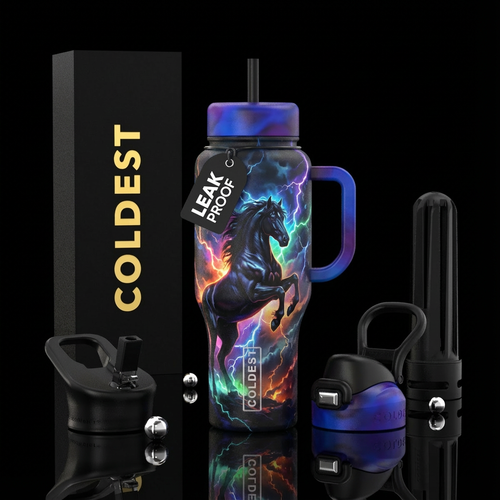 Black stallion with stormy sky and glowing colorfu... water bottle design