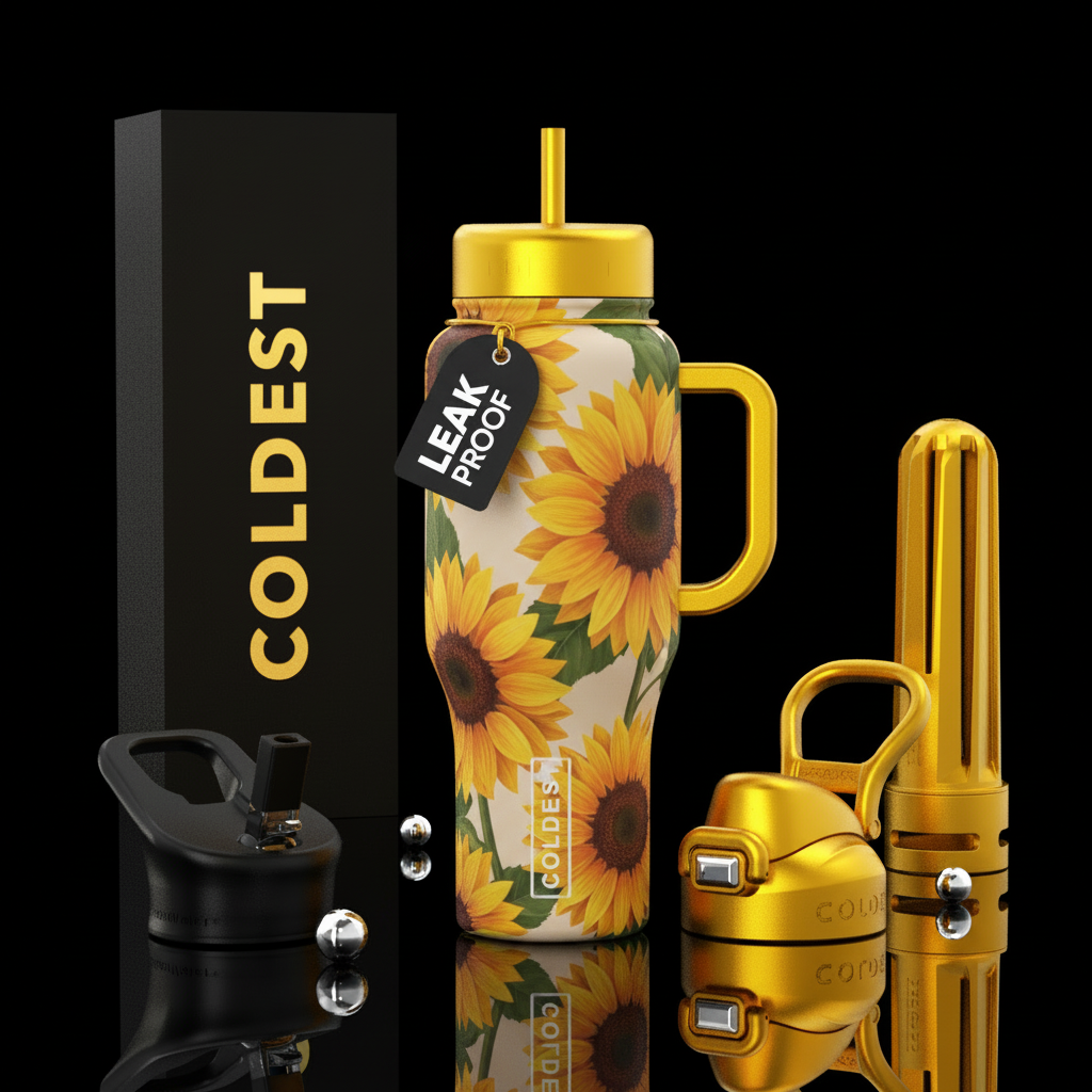 Realistic sunflowers on alloy yellow handle and li... water bottle design
