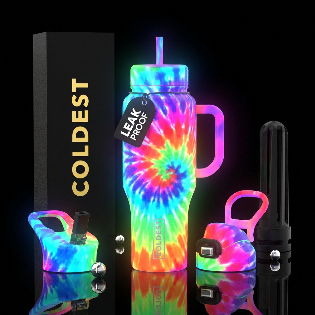 Tie dye glowing blue,pink, purple, red green orang... water bottle design