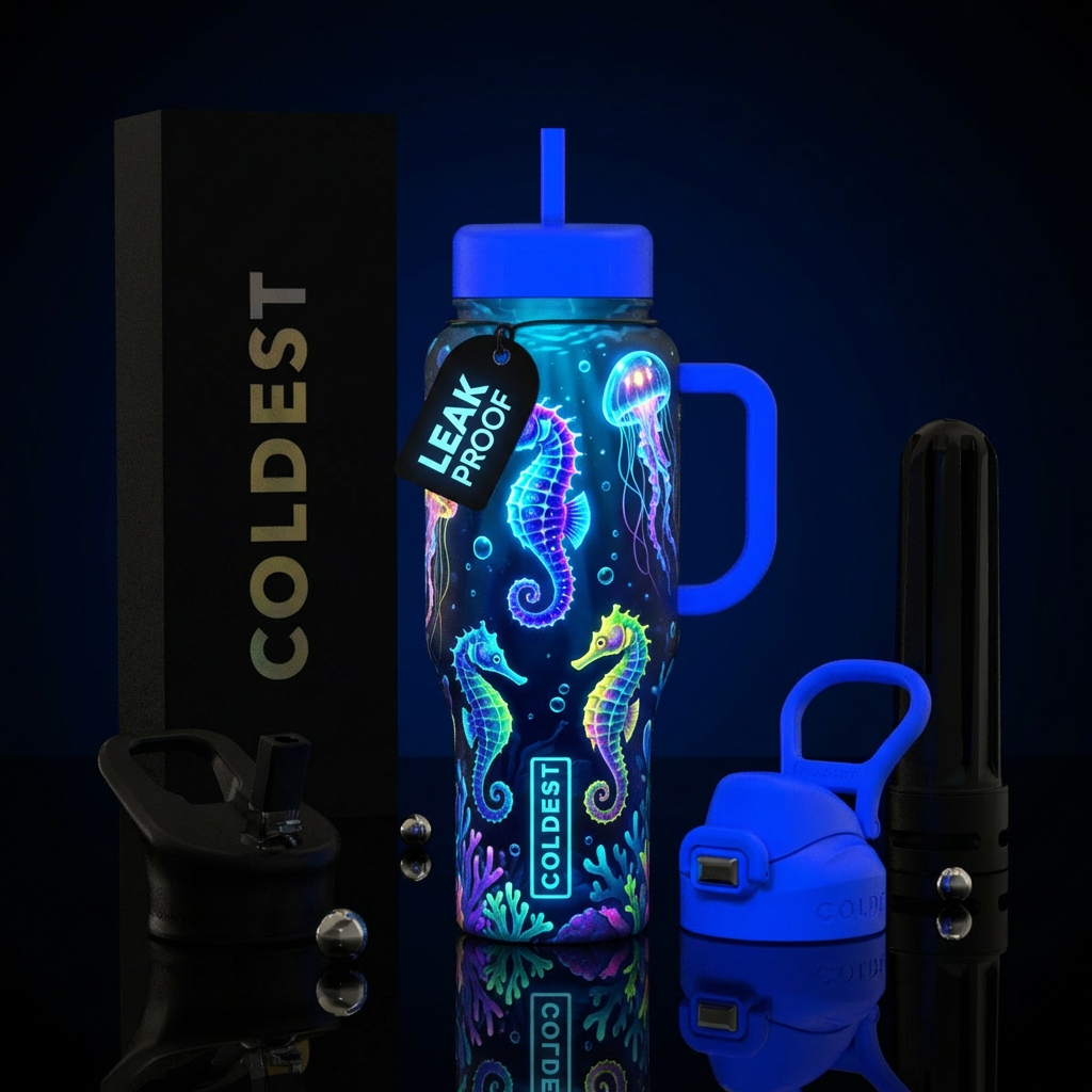 Glowing seahorses and jellyfish water bottle design