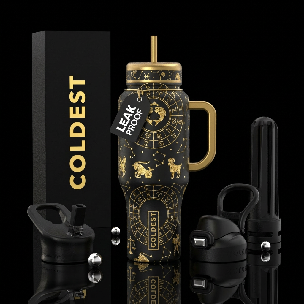 Black bottle with gold Zodiac signs and symbols water bottle design