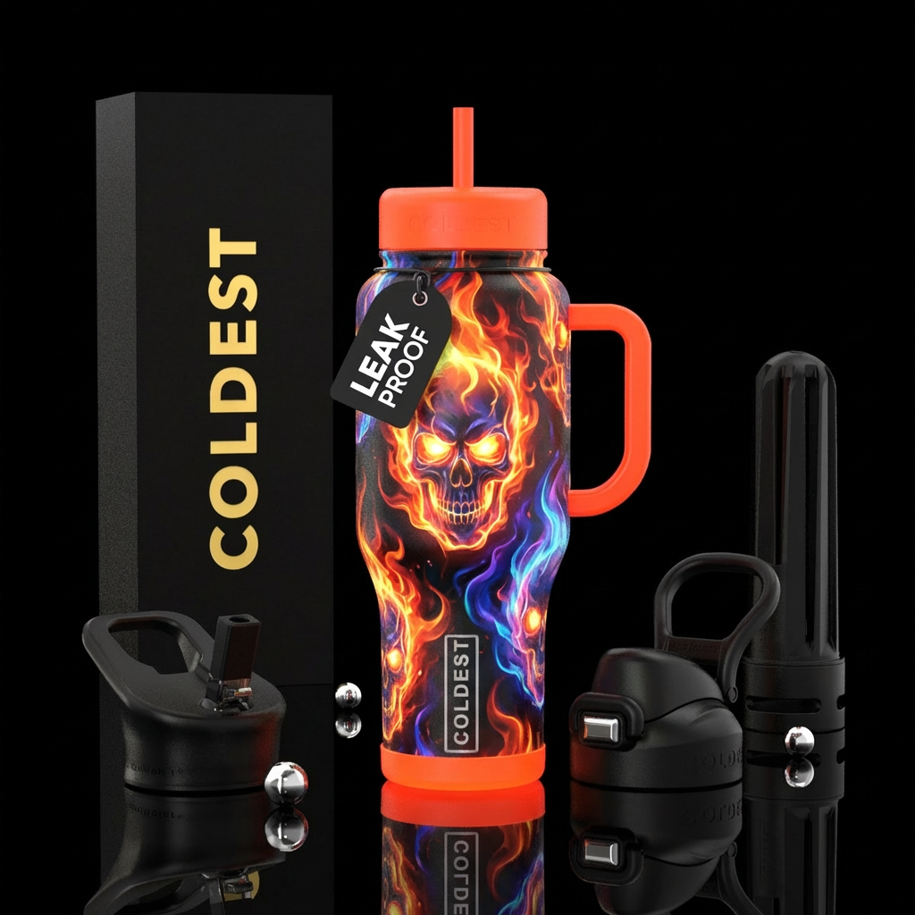 Black bottle with glowing skulls in fire water bottle design