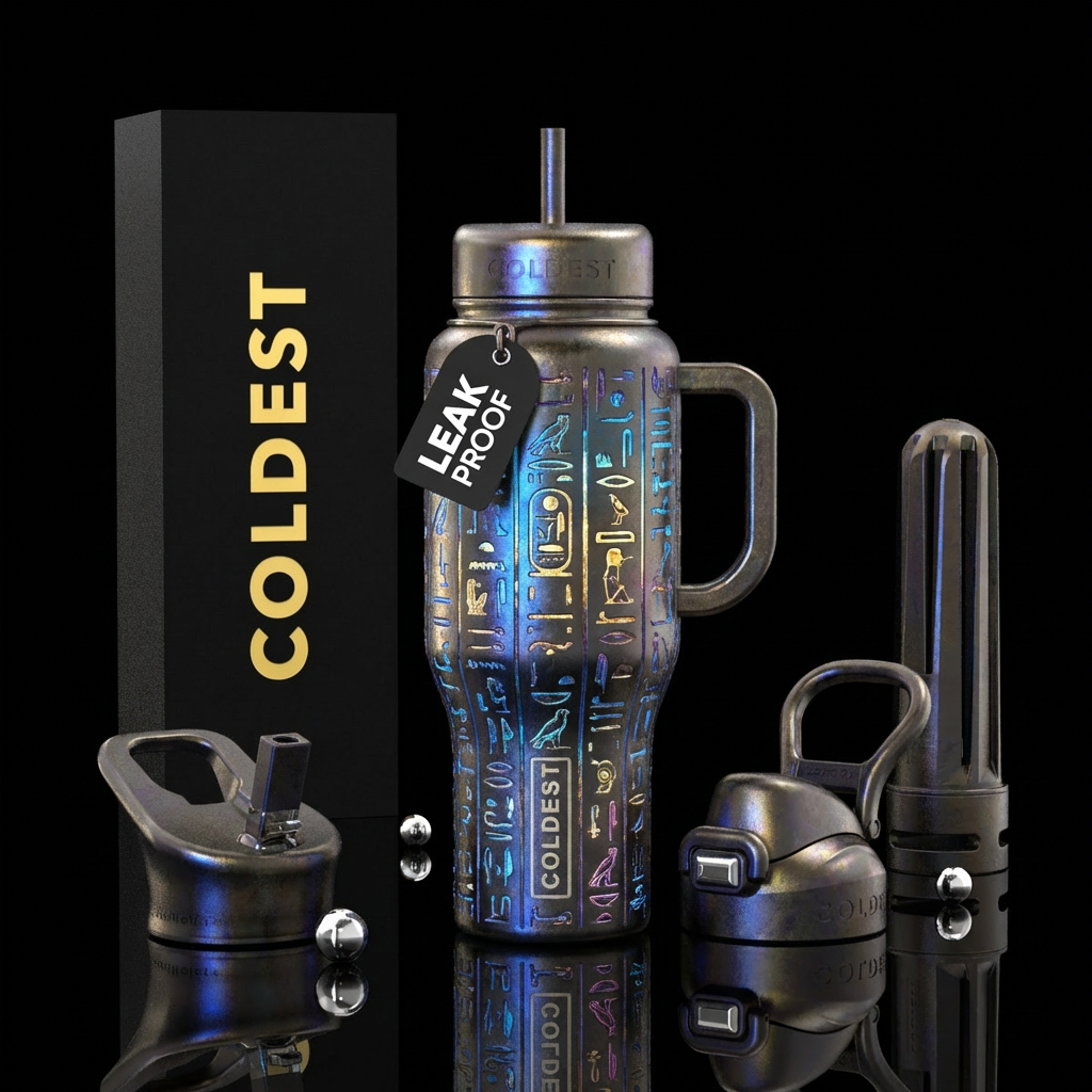 Alloy bottle with glowing Egyptian hieroglyphs water bottle design