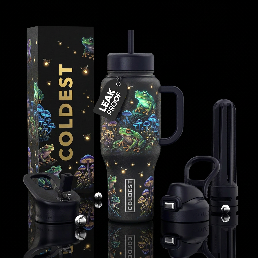 Glowing frogs glowing fireflies and mushrooms at n... water bottle design