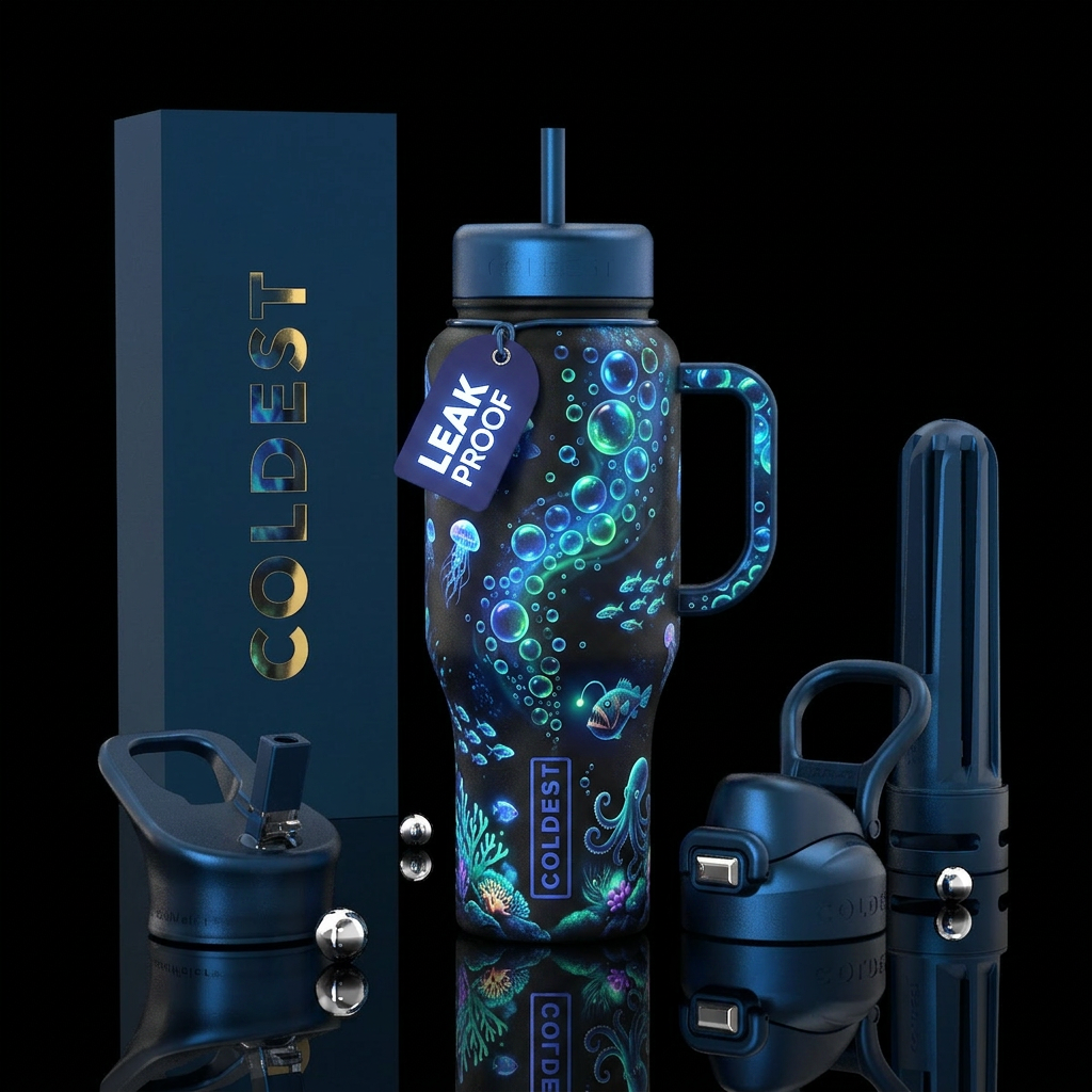 Glowing bubbles an sea lifein the ocean water bottle design