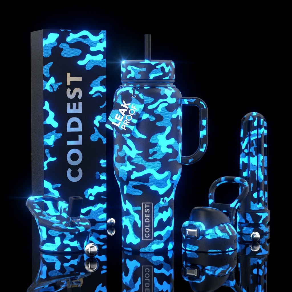 Glowing blue camo water bottle design