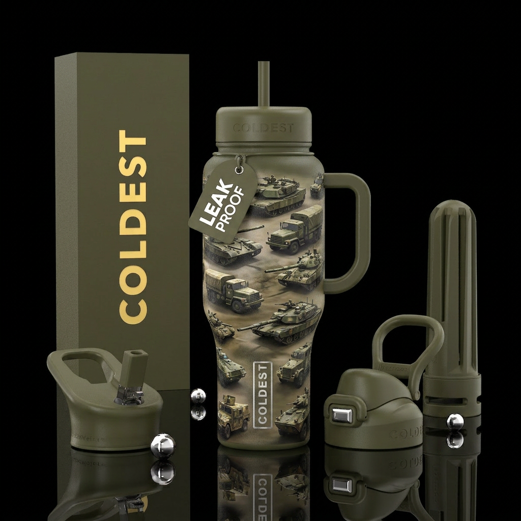 Military tanks and trucks water bottle design