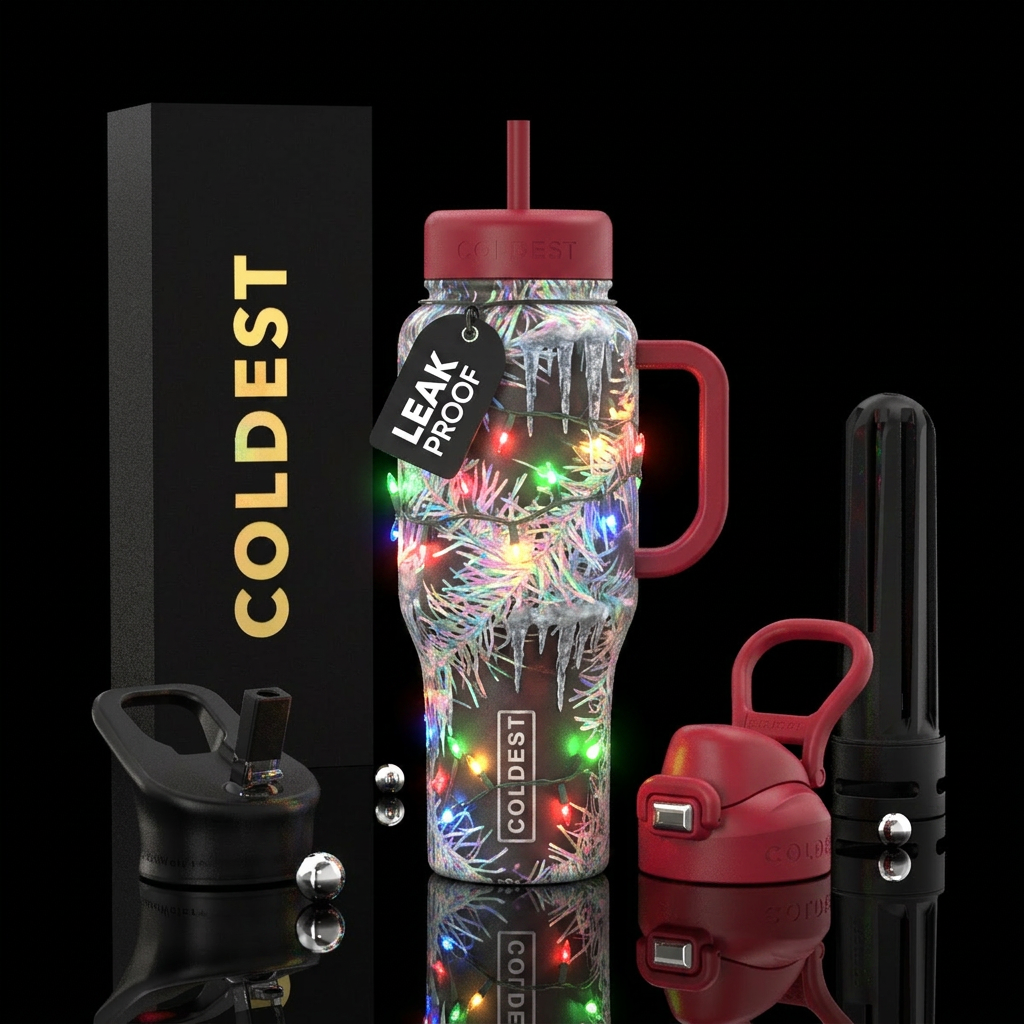 Strands of iridescent tinsel and ice cycles with g... water bottle design