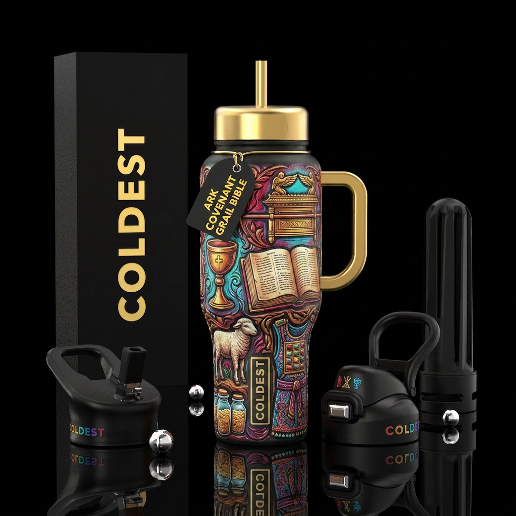 Embossed  ark of the covenant, holy grail, bible, ... water bottle design