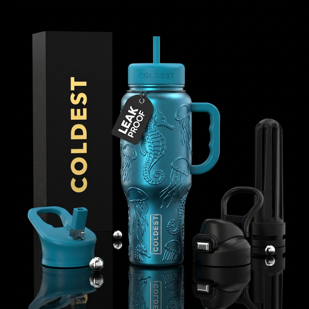 Embossed jellyfish and seahorse water bottle design
