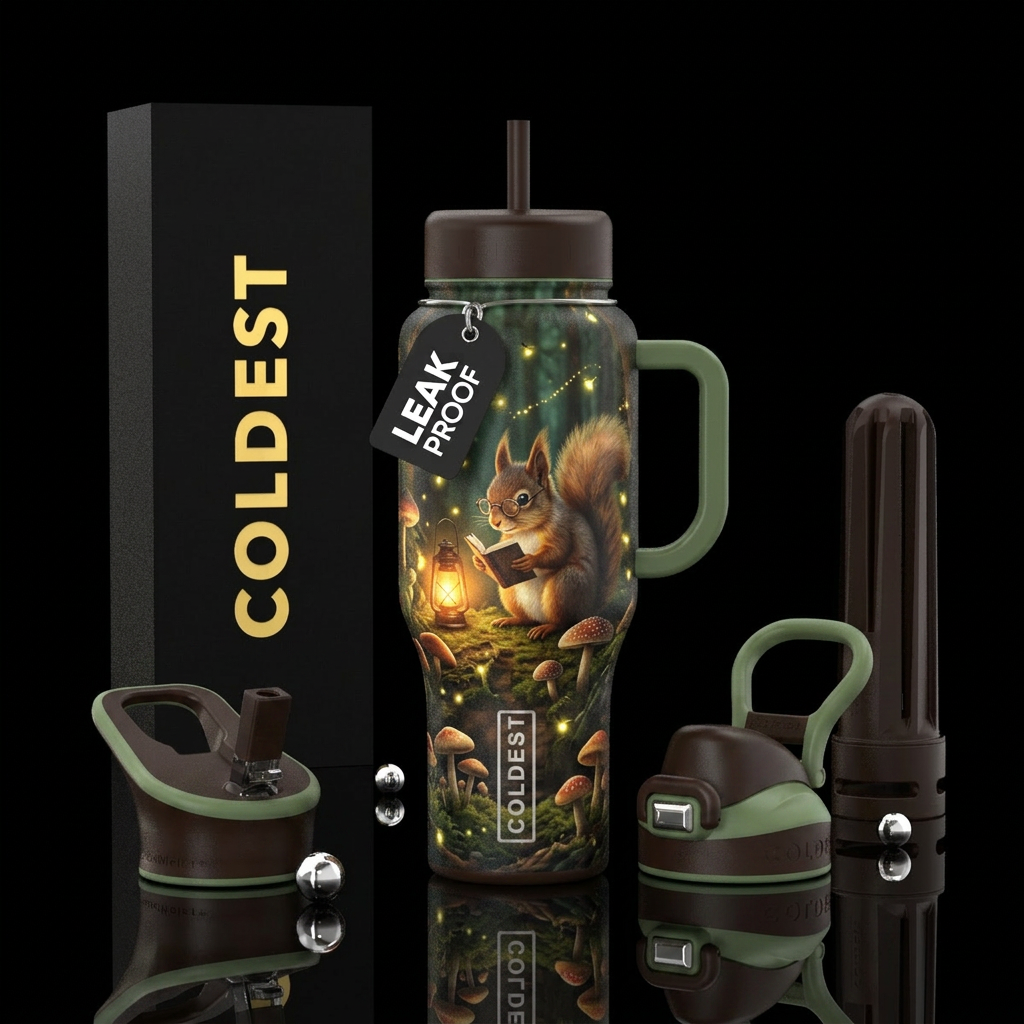 Squirrel with glasses reading books in Forrest by ... water bottle design