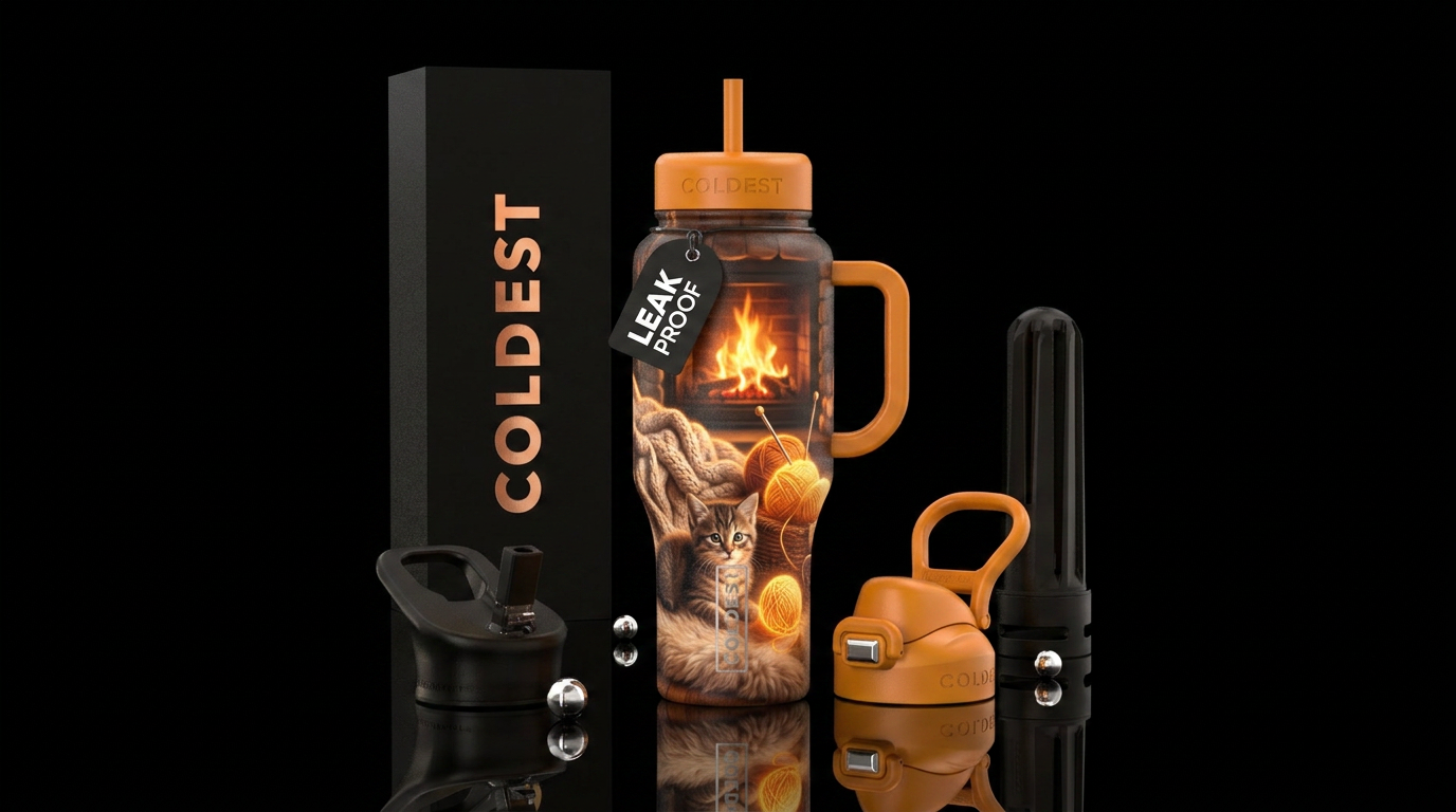 Fireplace with glowing flame, knit afghan, glowing... water bottle design