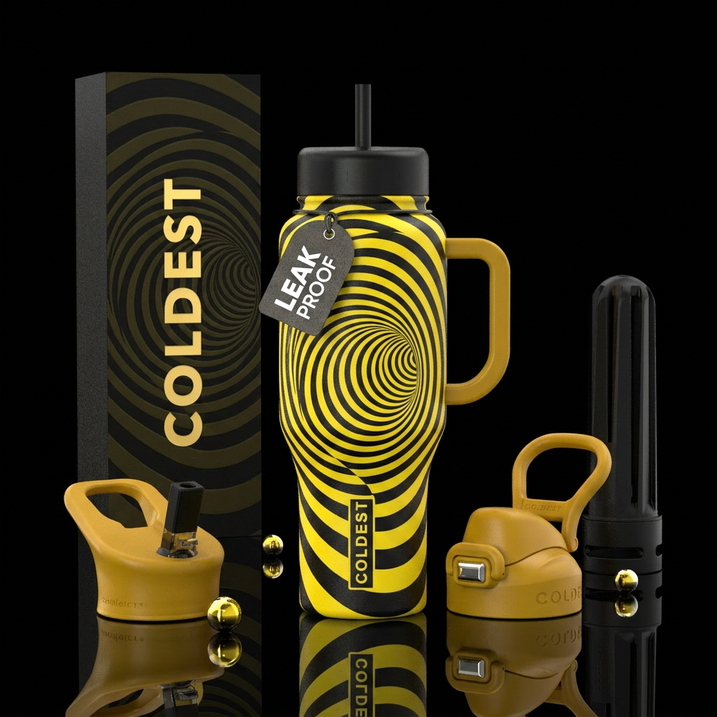 Yellow and black tunnel Trippy Optical Illusion water bottle design