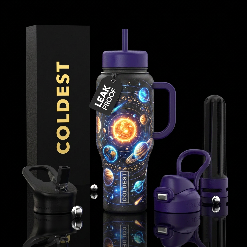 Glowing solar system water bottle design