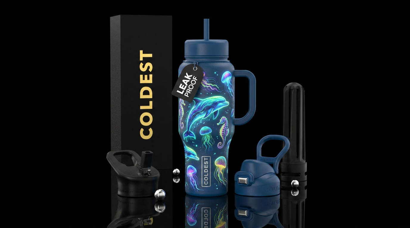 Dolphins glowing jellyfish, glowing seahorses water bottle design