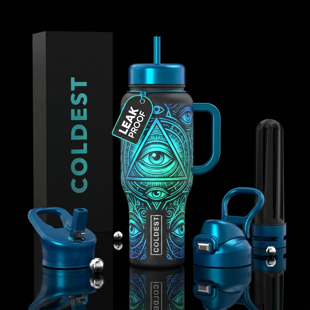 Glowing all seeing eye water bottle design