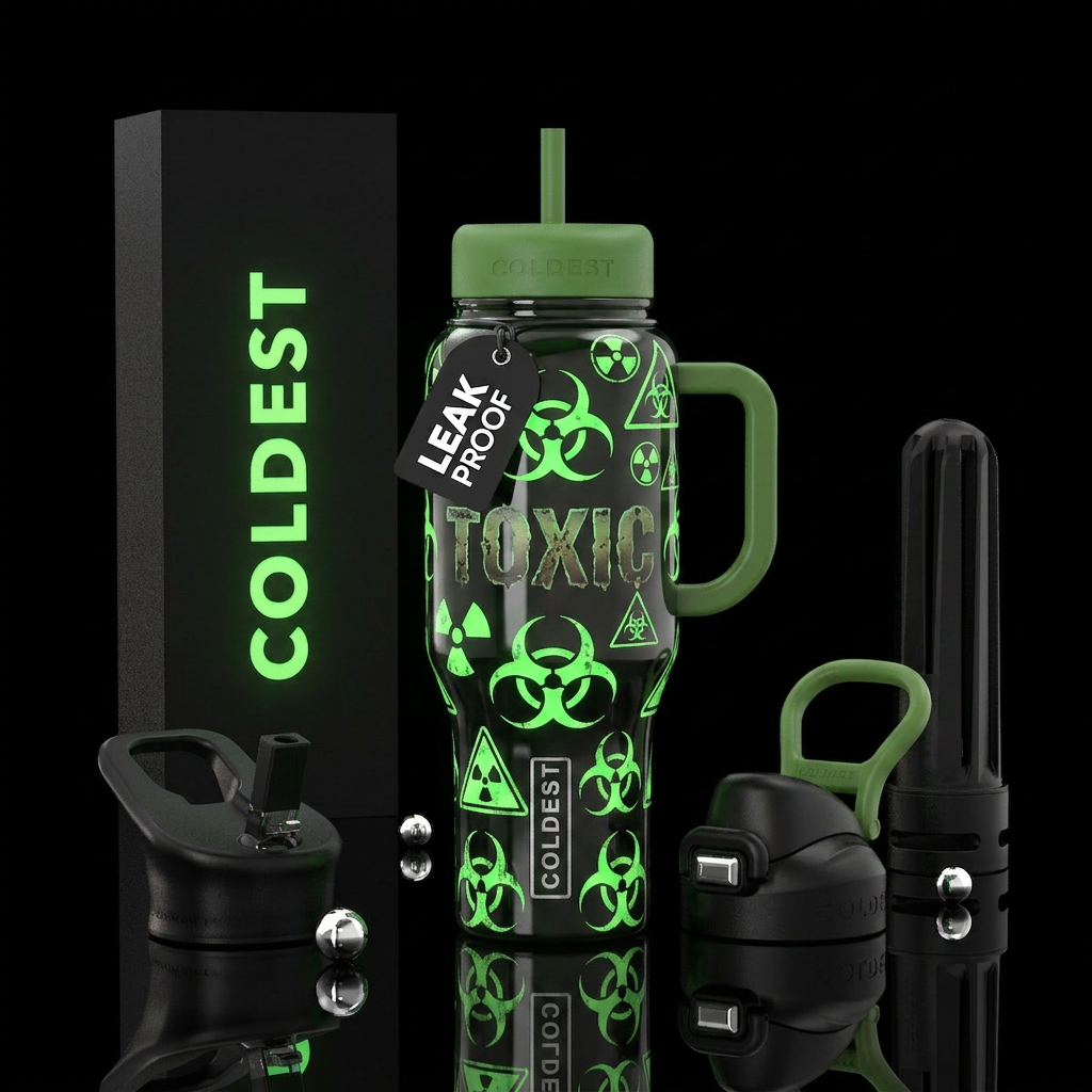 Radiation, toxic, poison glowing symbols water bottle design