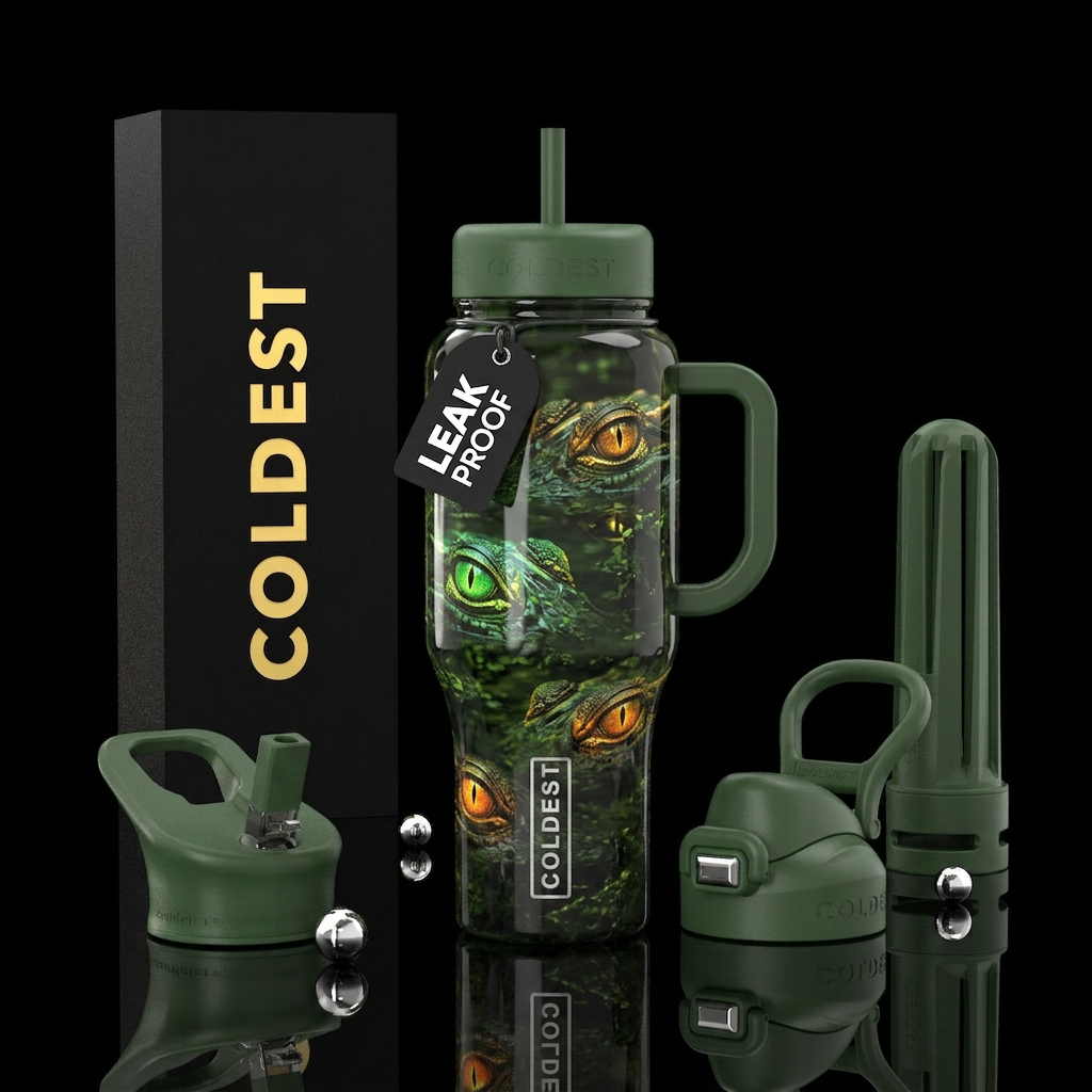 Glowing alligator eyes in swamp water bottle design