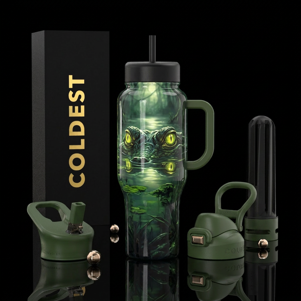 Glowing alligator eyes in swamp water bottle design