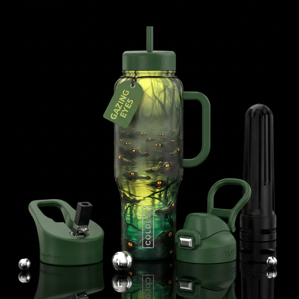 Dozens of glowing alligator eyes in swamp water bottle design