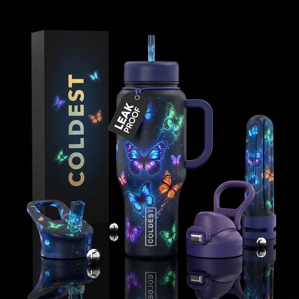 Glowing butterflys at night water bottle design